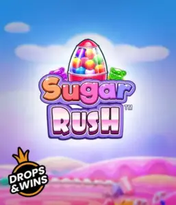 Скриншот игрового автомата Sugar Rush от Pragmatic Play, показывающее разноцветный мир конфет и сладостей. На изображении видны иконки в виде различных сладостей, окруженные яркой атмосферой. В верхней части расположен логотип игры Sugar Rush, подчеркивающий сахарную тематику игры.